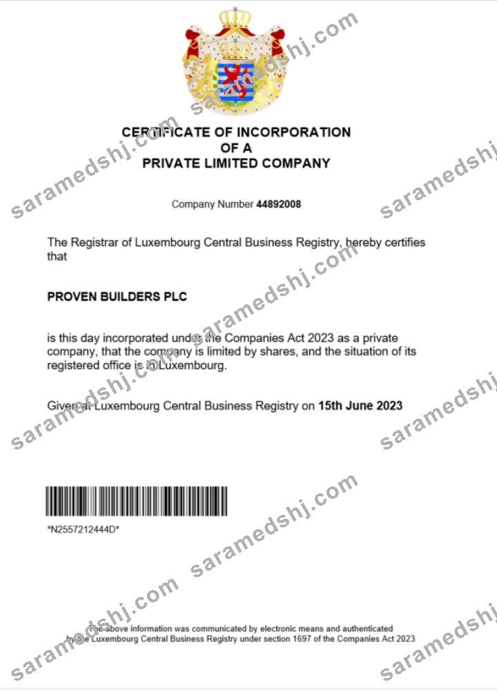 Luxembourg business registration certificate Word and PDF template